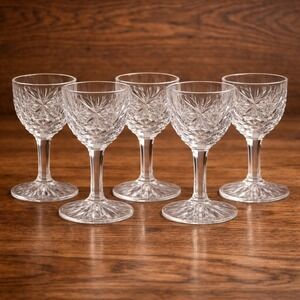 Set of 5 Cut Glass Cordial Goblets Starburst Etched Small Stemware 3.5"